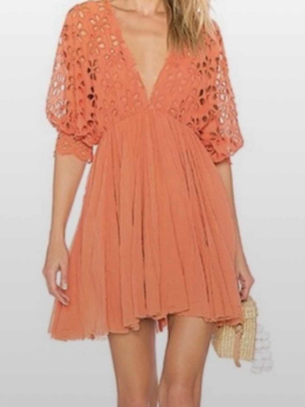 Free People Coral Eyelet Asymmetrical Mini Dress